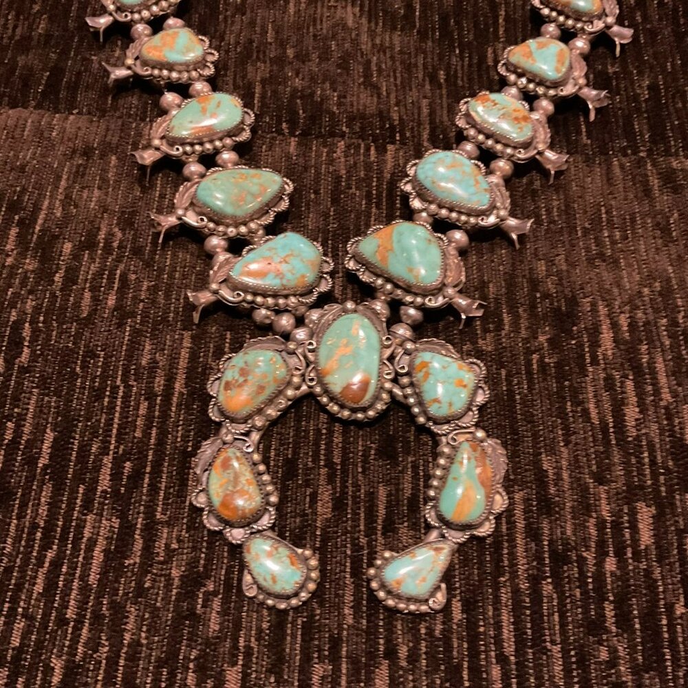 100% Genuine Navajo Squash Blossom Necklace; Vintage from the mid-20th century: